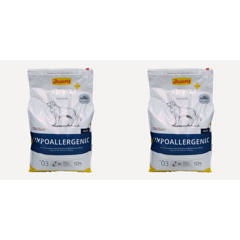 Deux sacs de nourriture pour chiens. Inscription : JOSERA Help+ Diätfuttermittel, Hypoallergen. Image d'un chien.