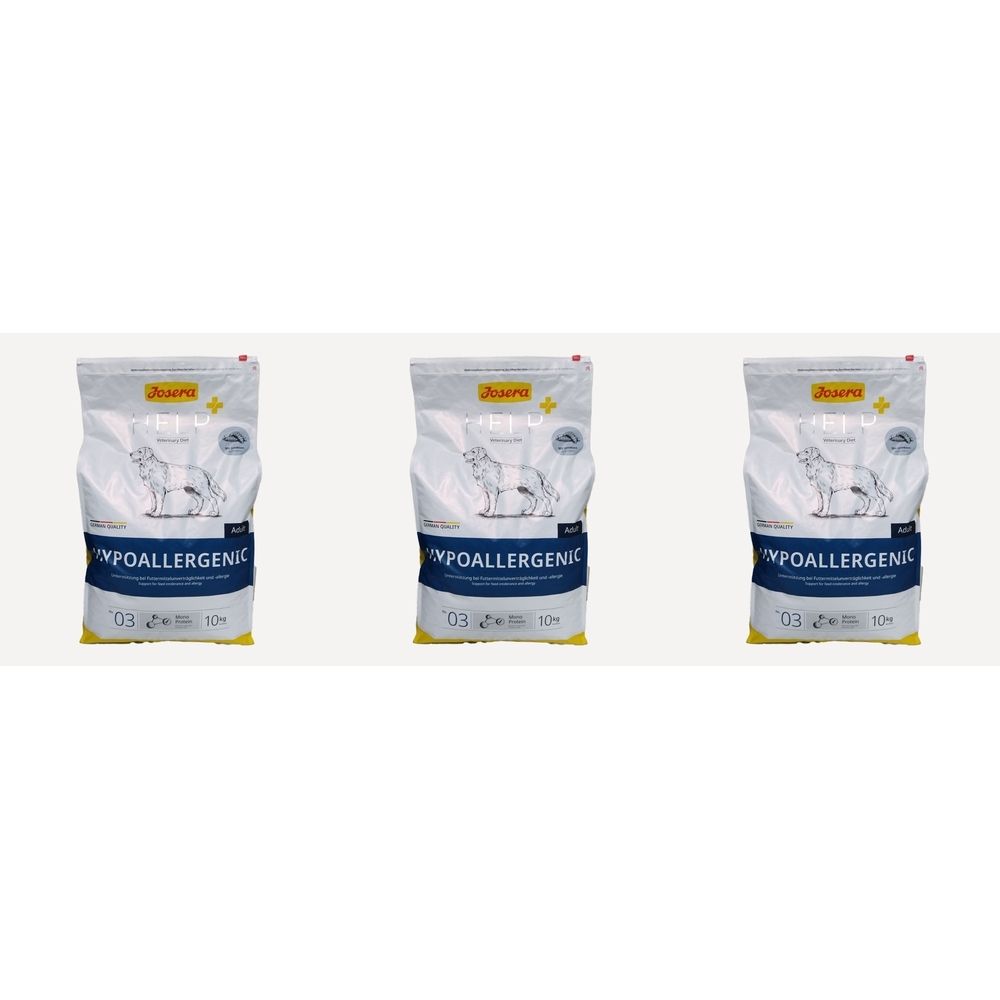 Trois sacs de JOSERA Help+ aliment diététique pour chiens. Fond blanc. Inscription : Hypoallergénique. Image d'un chien.