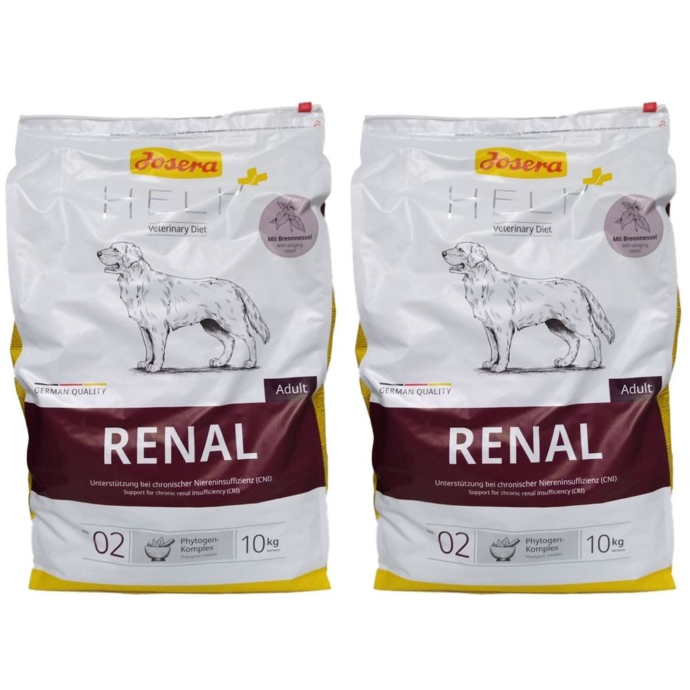 Deux sacs de nourriture pour chiens. Inscription: JOSERA HELP+, RENAL, Adult. Image d'un chien. 10 kg.