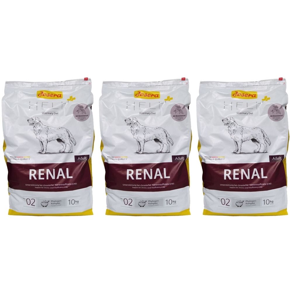 Trois sacs de nourriture pour chiens. Inscription : RENAL, JOSERA HELP+. Image d'un chien. Jaune, blanc et bordeaux.