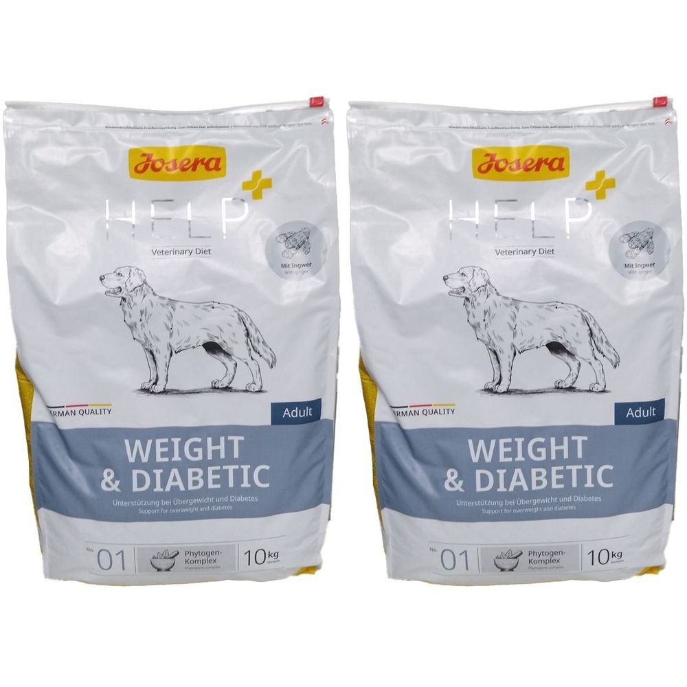 Deux sacs de nourriture pour chiens. Inscription: JOSERA HELP, WEIGHT & DIABETIC, Adult. 10 kg. Avec image de chien.