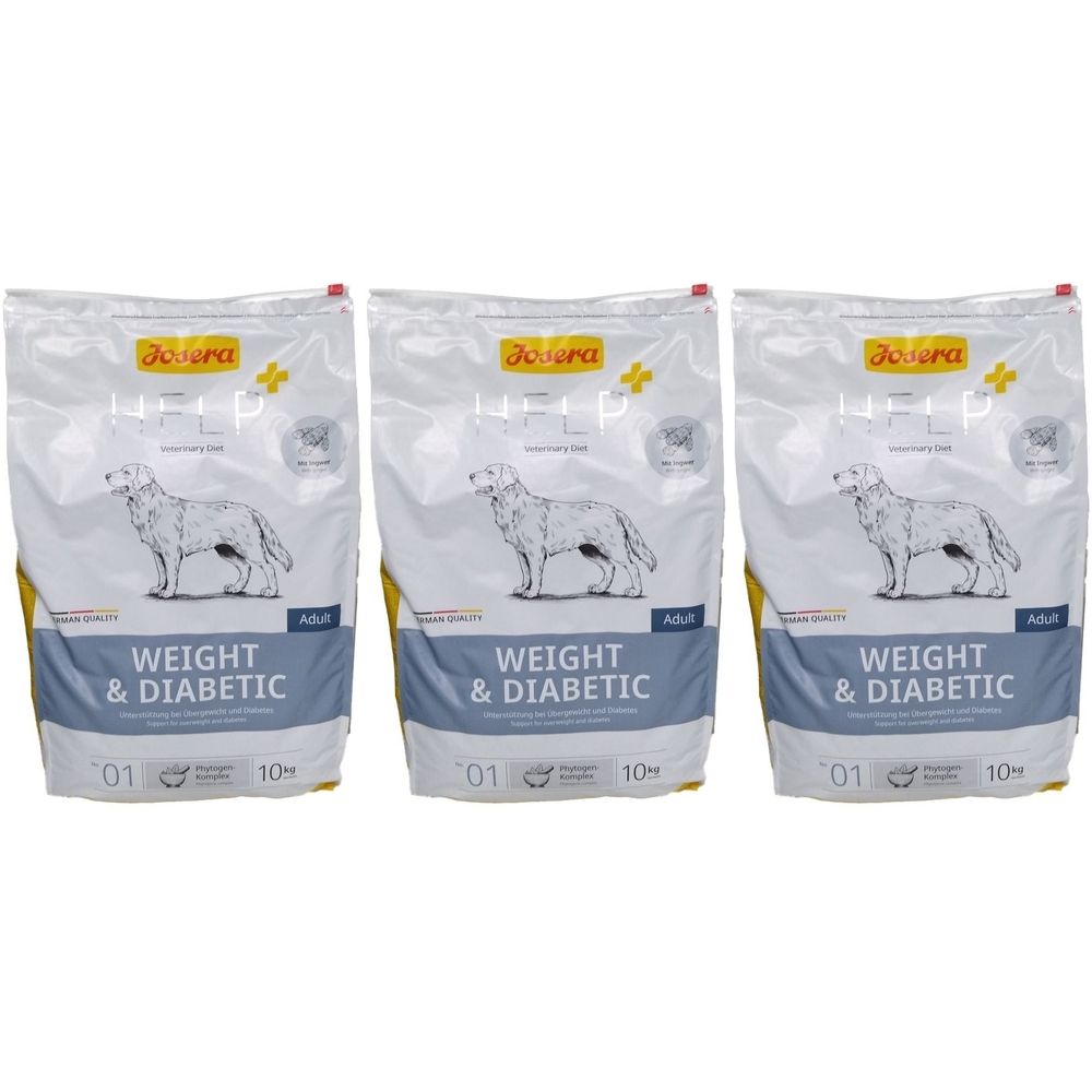 Trois sacs de nourriture pour chiens. Inscription : WEIGHT & DIABETIC. Marque : Josera. Croix jaune et logo en haut. Emballage blanc.