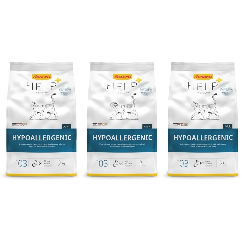 Trois paquets d'aliments pour animaux. Blanc avec bande bleue. Inscription : HELP, HYPOALLERGENIC. Image d'un chat. 2 kg.