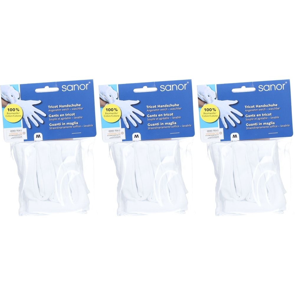 Trois paquets de gants en tricot sous emballage plastique. Carte bleue avec logo "sanor", texte en allemand, français et italien. Taille M.