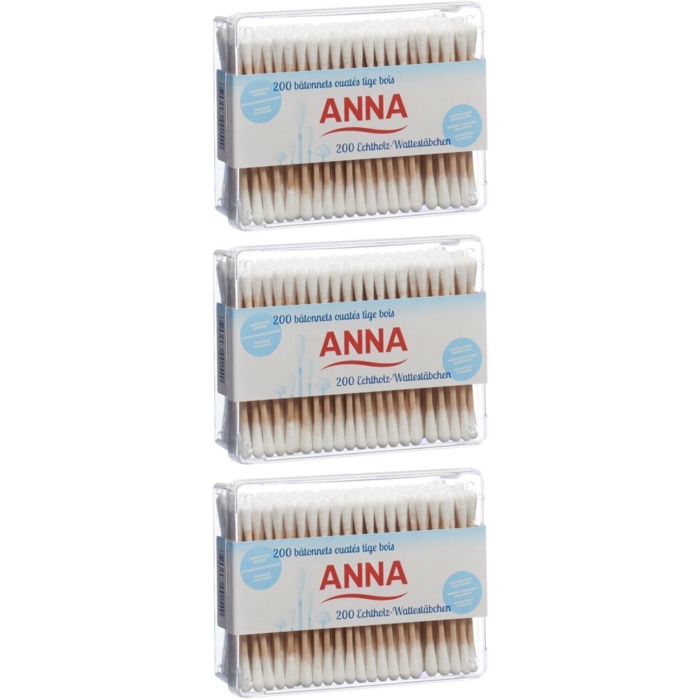 Trois boîtes de cotons-tiges ANNA. Chaque boîte contient 200 pièces. L'emballage est transparent avec une bande de papier.