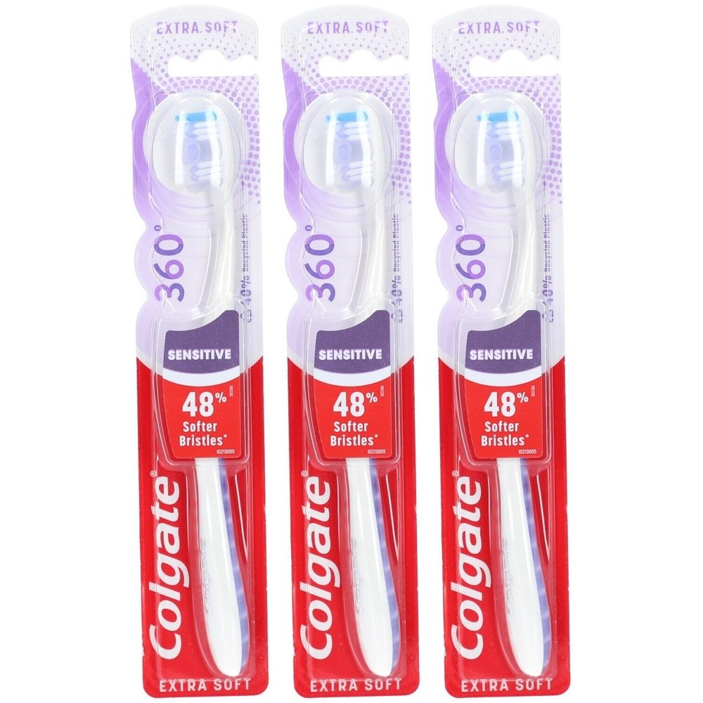 Trois brosses à dents Colgate 360° Sensitive Pro-Relief extra soft, emballées. Poils extra souples.