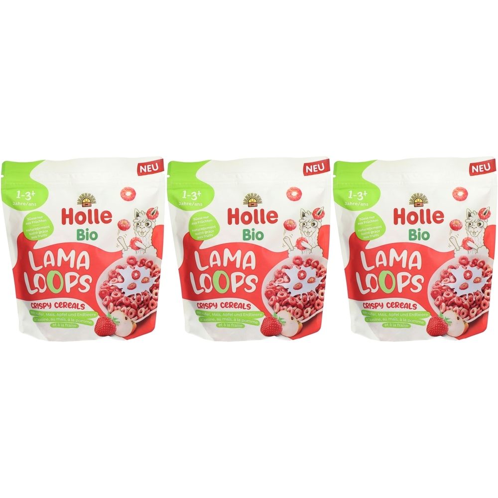 Trois paquets de Holle Bio Lama Loops. Inscription : 1-3, Lama Loops, Bio, fraise-pomme. Avec la mention "NEU".