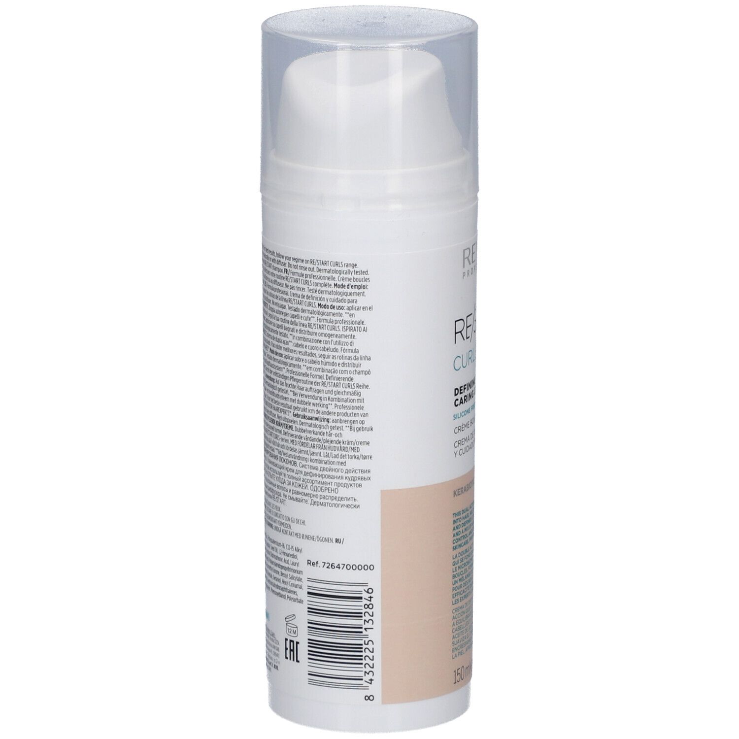 Flacon blanc avec texte. Dos avec texte. 150ml/5 FL.OZ. Bouchon transparent. Zone beige.