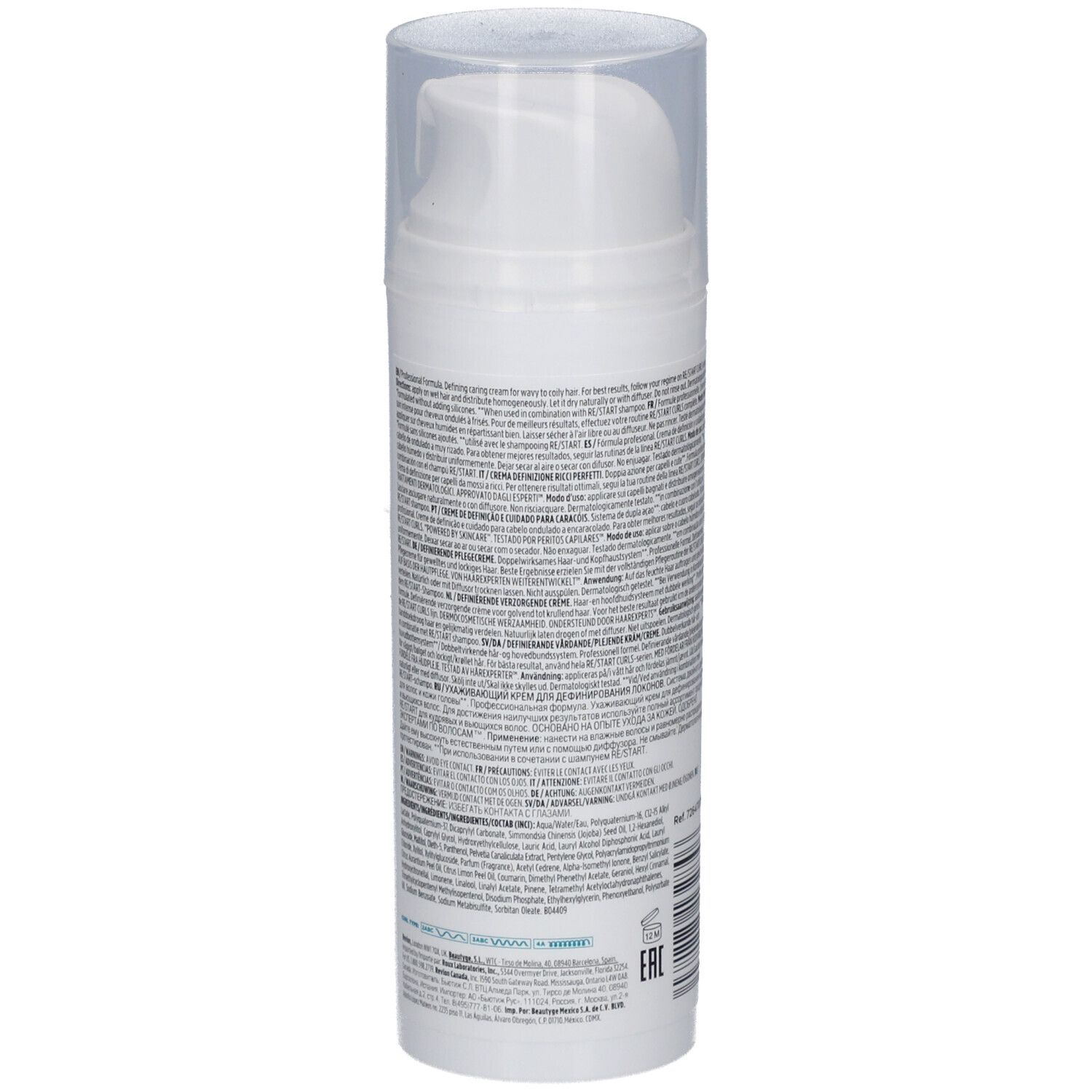 Flacon blanc avec texte. Dos avec texte. Bouchon transparent.