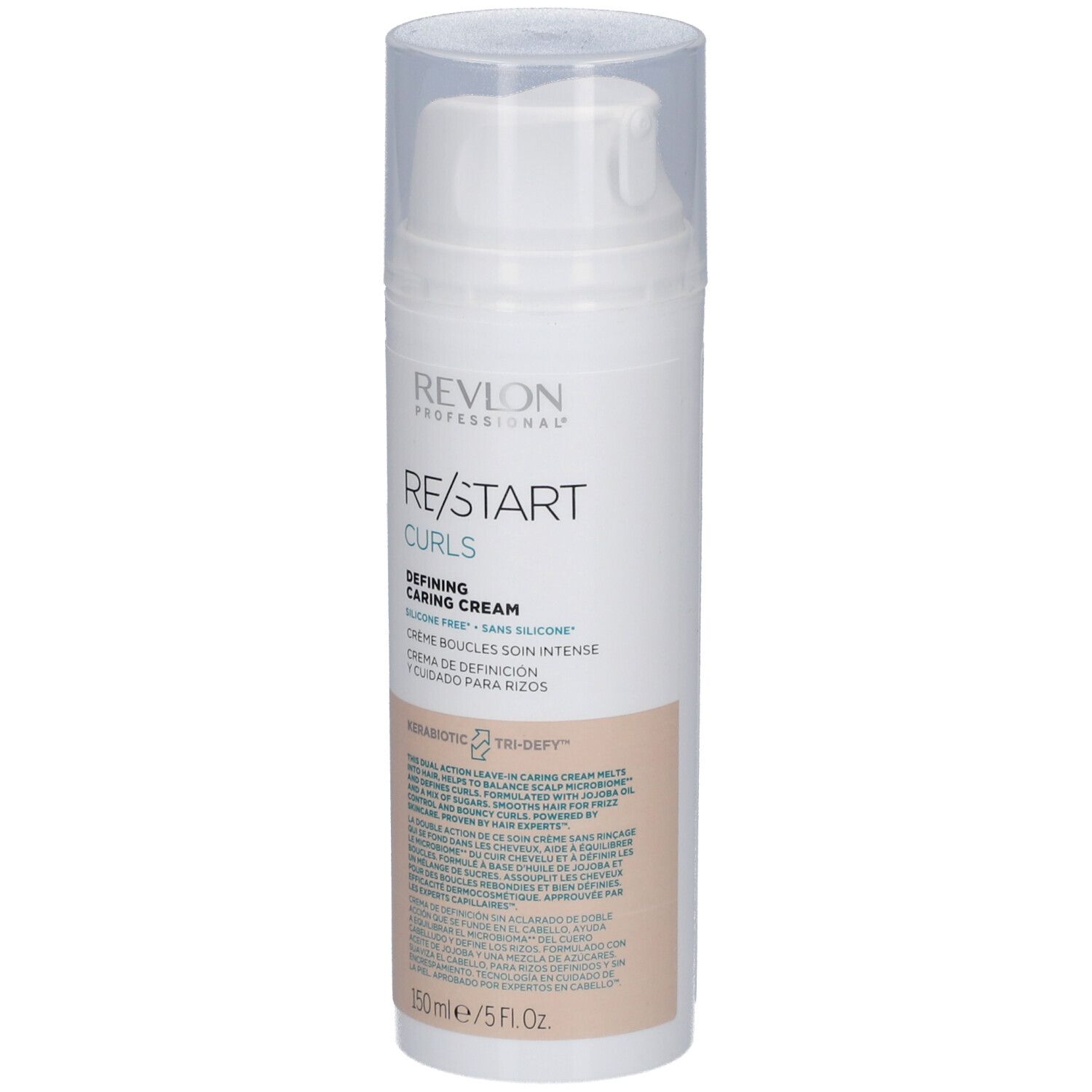 Flacon blanc RE/START CURLS. Crème définissante, 150ml/5 FL.OZ. Bouchon transparent. Zone beige.