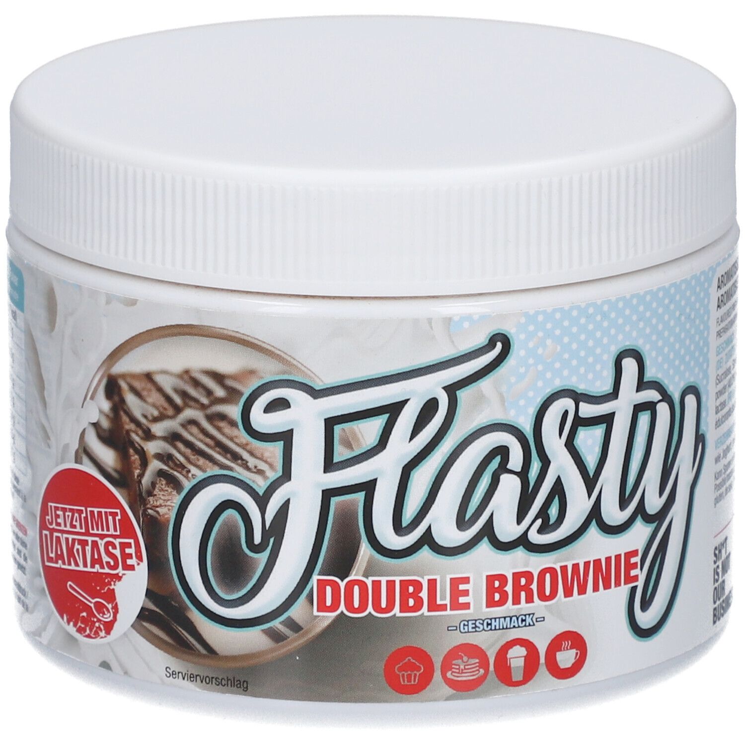 Récipient blanc en plastique avec couvercle. Inscription "Flasty Double Brownie Geschmack". Autocollant "Jetzt mit Laktase".