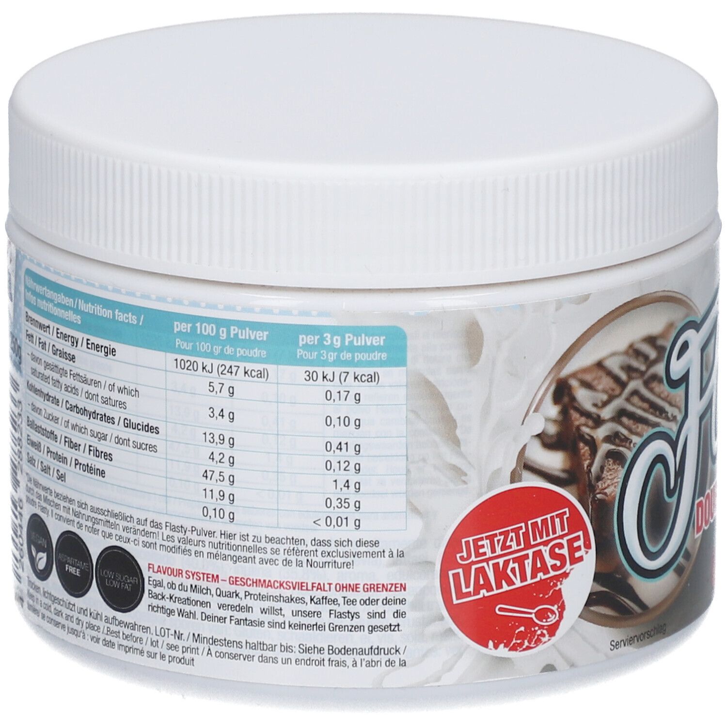 Récipient blanc en plastique avec couvercle. Dos avec informations nutritionnelles et texte. Autocollant "Jetzt mit Laktase".