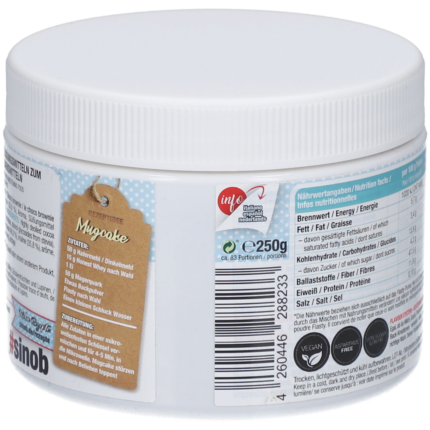 Récipient blanc en plastique avec couvercle. Dos avec texte et informations nutritionnelles. Autocollants "info" et "vegan".