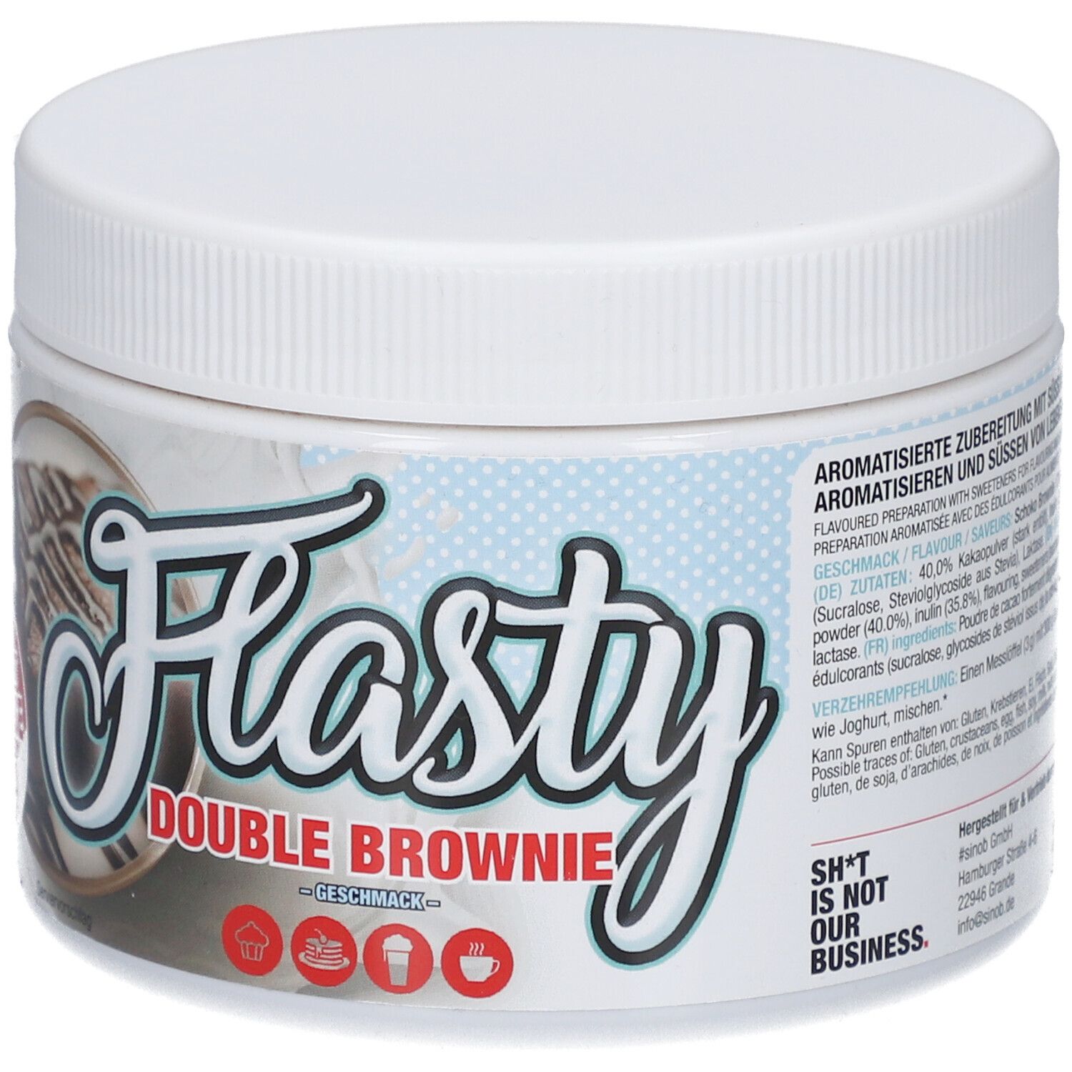 Récipient blanc en plastique avec couvercle. Inscription "Flasty Double Brownie Geschmack". Texte et logos.