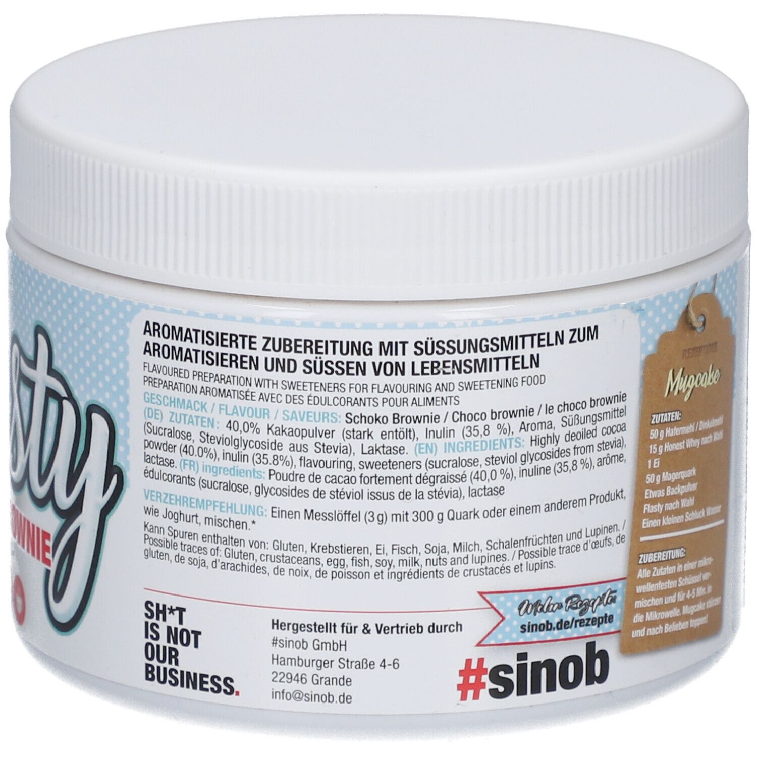 Récipient blanc en plastique avec couvercle. Dos avec texte, informations nutritionnelles et logos. #sinob.