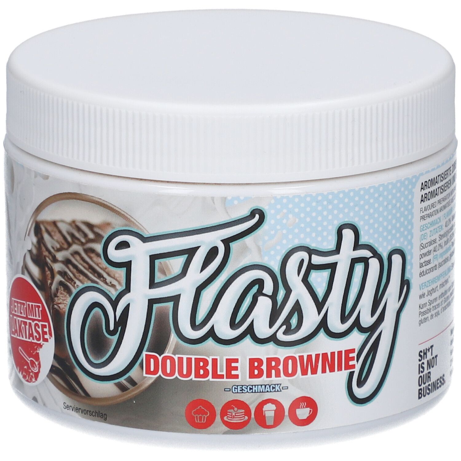 Récipient blanc en plastique avec couvercle. Inscription "Flasty Double Brownie Geschmack". Image d'un brownie. "Jetzt mit Laktase".