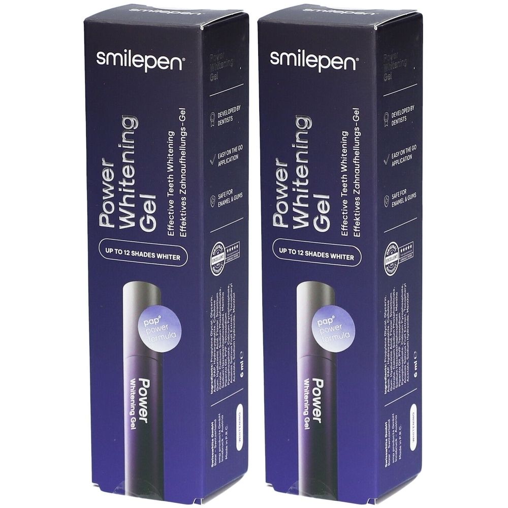 Deux boîtes de gel Smilepen Power Whitening. Inscription : Power Whitening Gel, jusqu'à 12 teintes plus blanches. 6 ml.