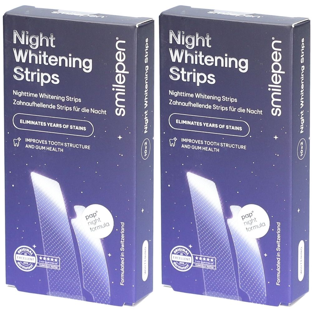 Deux boîtes de "Night Whitening Strips". Inscription : "ELIMINATES YEARS OF STAINS". Marque : smilepen. Emballage avec motif d'étoiles.