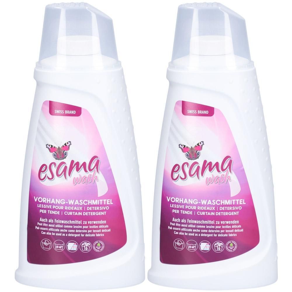 Deux flacons de lessive Esama wash pour rideaux. Flacons blancs avec étiquette rose, logo papillon et bouchon transparent.