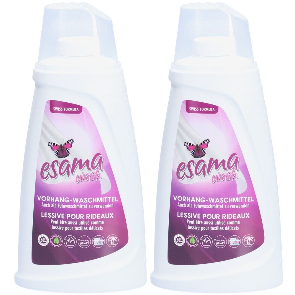 Deux flacons de lessive Esama wash pour rideaux. Flacons blancs avec étiquette rose, logo papillon et bouchon transparent.