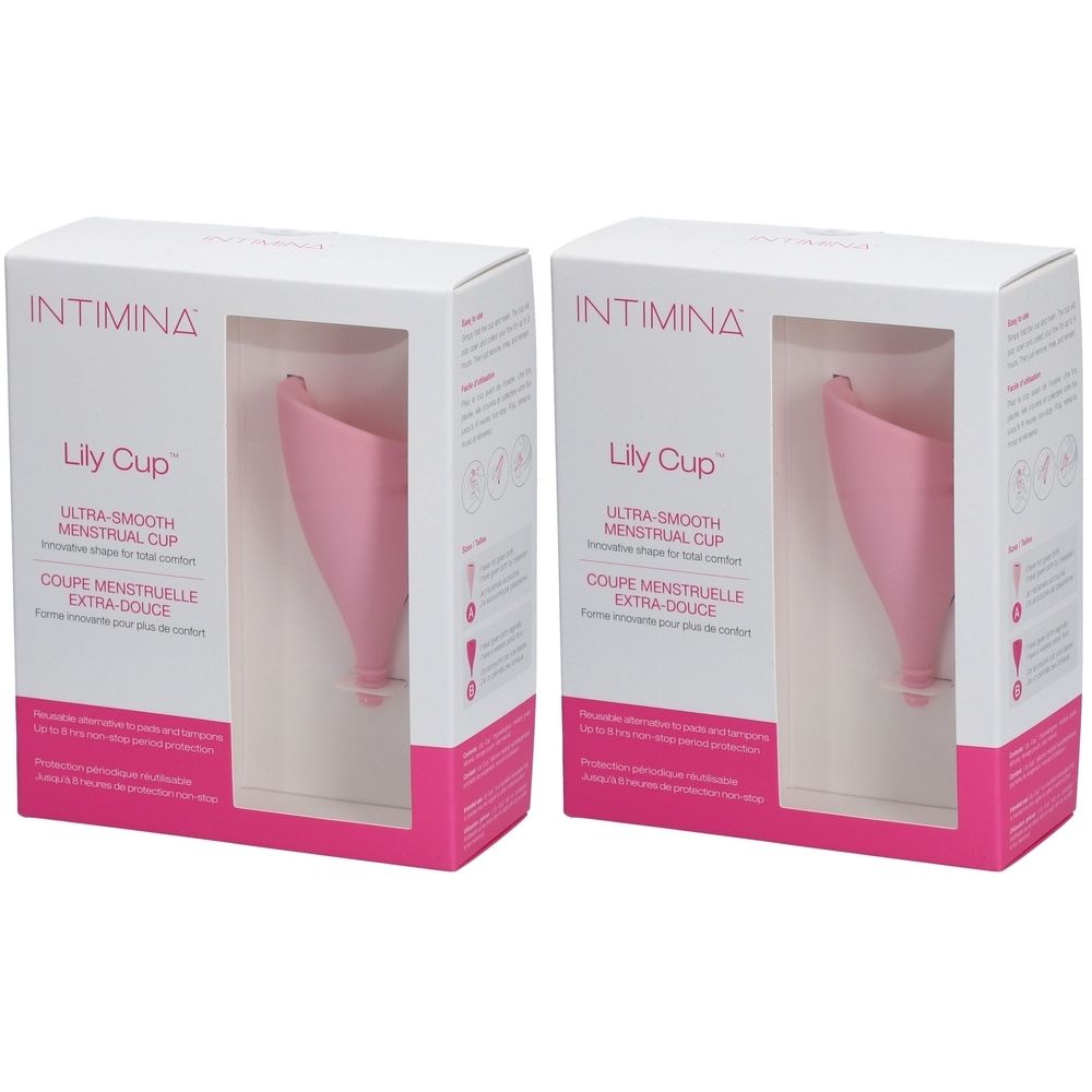 Deux boîtes de la coupe menstruelle Intimina Lily Cup. Coupe rose dans une boîte blanche avec fenêtre. Inscription : Intimina, Lily Cup.