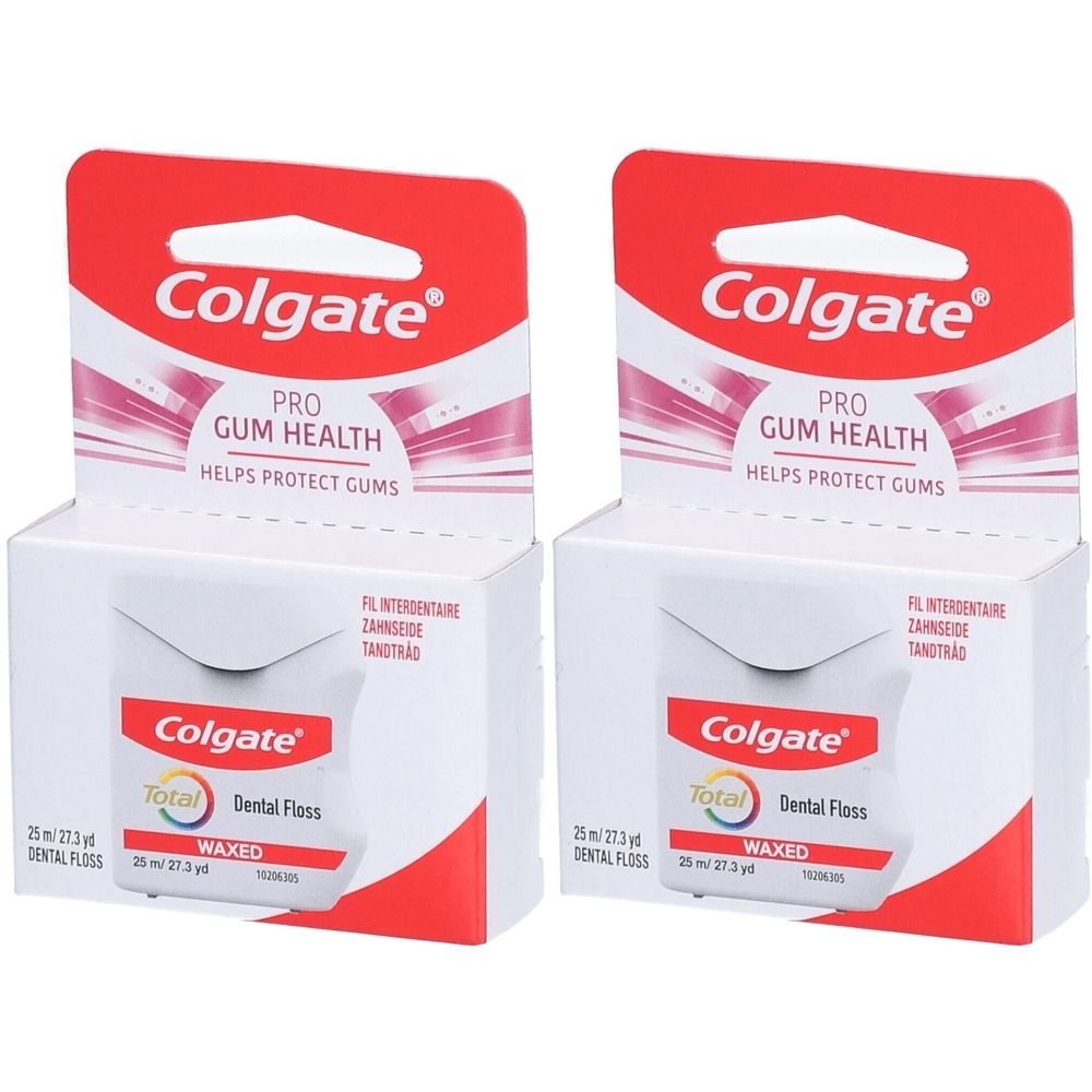 Deux boîtes de fil dentaire Colgate. Emballage blanc avec logo rouge et texte: Total Dental Floss, ciré. Protège les gencives.