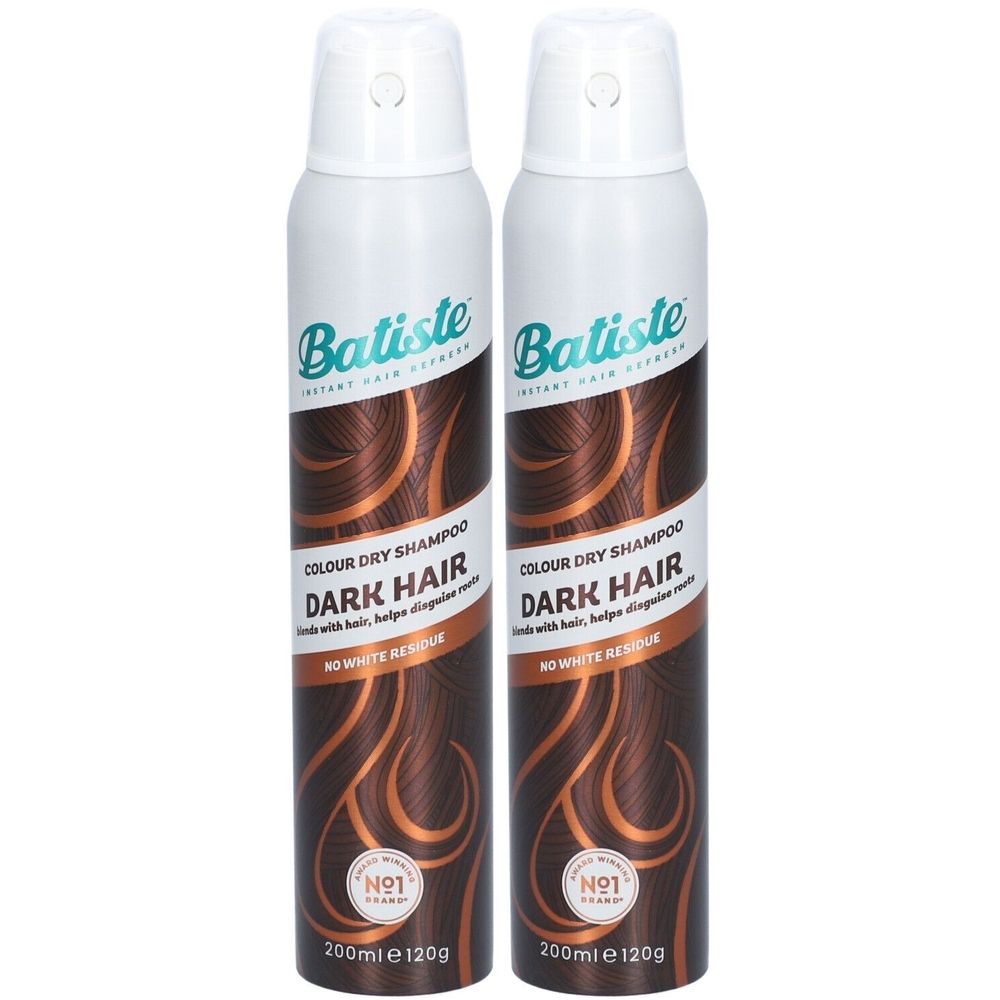 Deux flacons de shampooing sec Batiste pour cheveux foncés. Bouteilles blanches avec motif de cheveux bruns et informations produit.