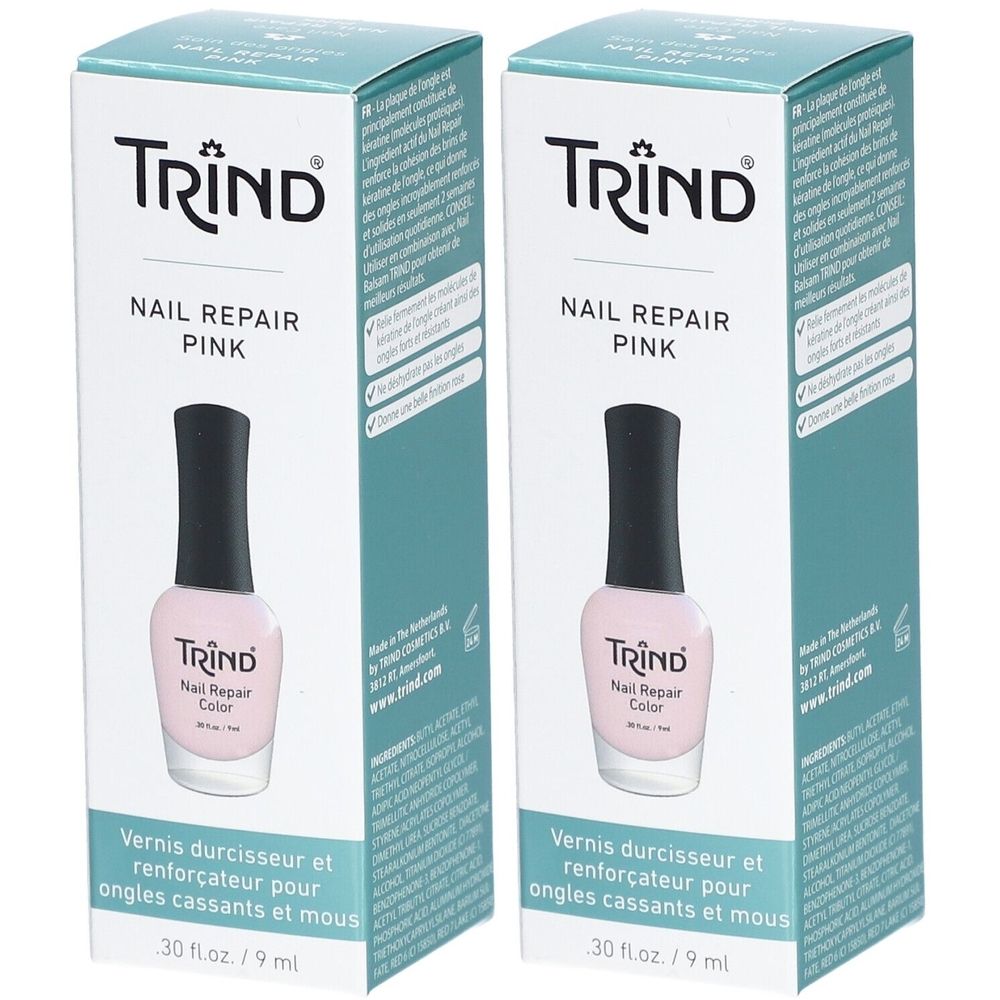 Deux boîtes de TRIND Nail Repair Pink. Chaque boîte contient un flacon de vernis à ongles avec un bouchon noir et un contenu rose.