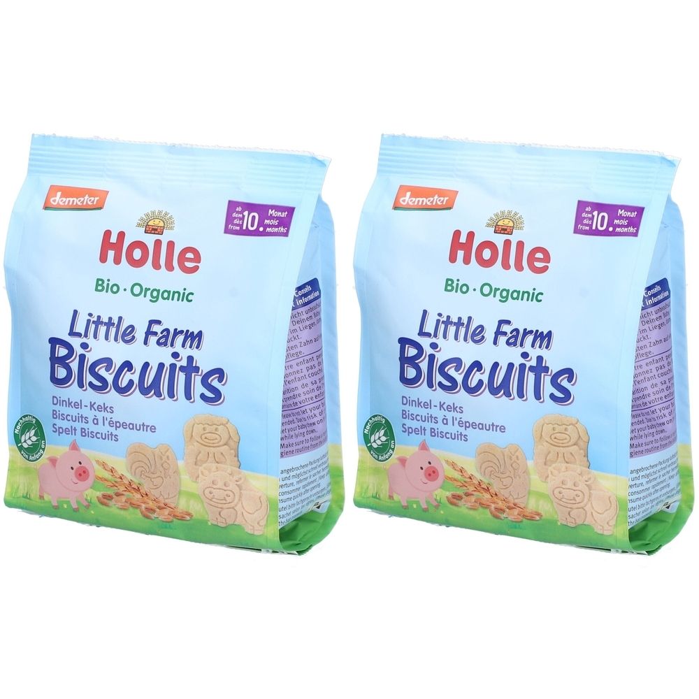 Deux paquets de biscuits Holle Little Farm. Emballage bleu avec nom du produit, logo et label Demeter. Convient à partir de 10 mois.