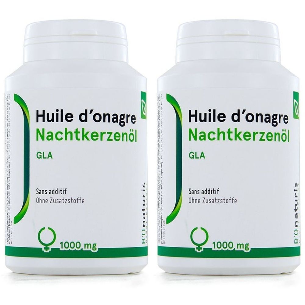 Deux flacons blancs avec étiquettes vertes. Inscription: Huile d'onagre, Nachtkerzenöl, GLA, 1000 mg. Sans additif.