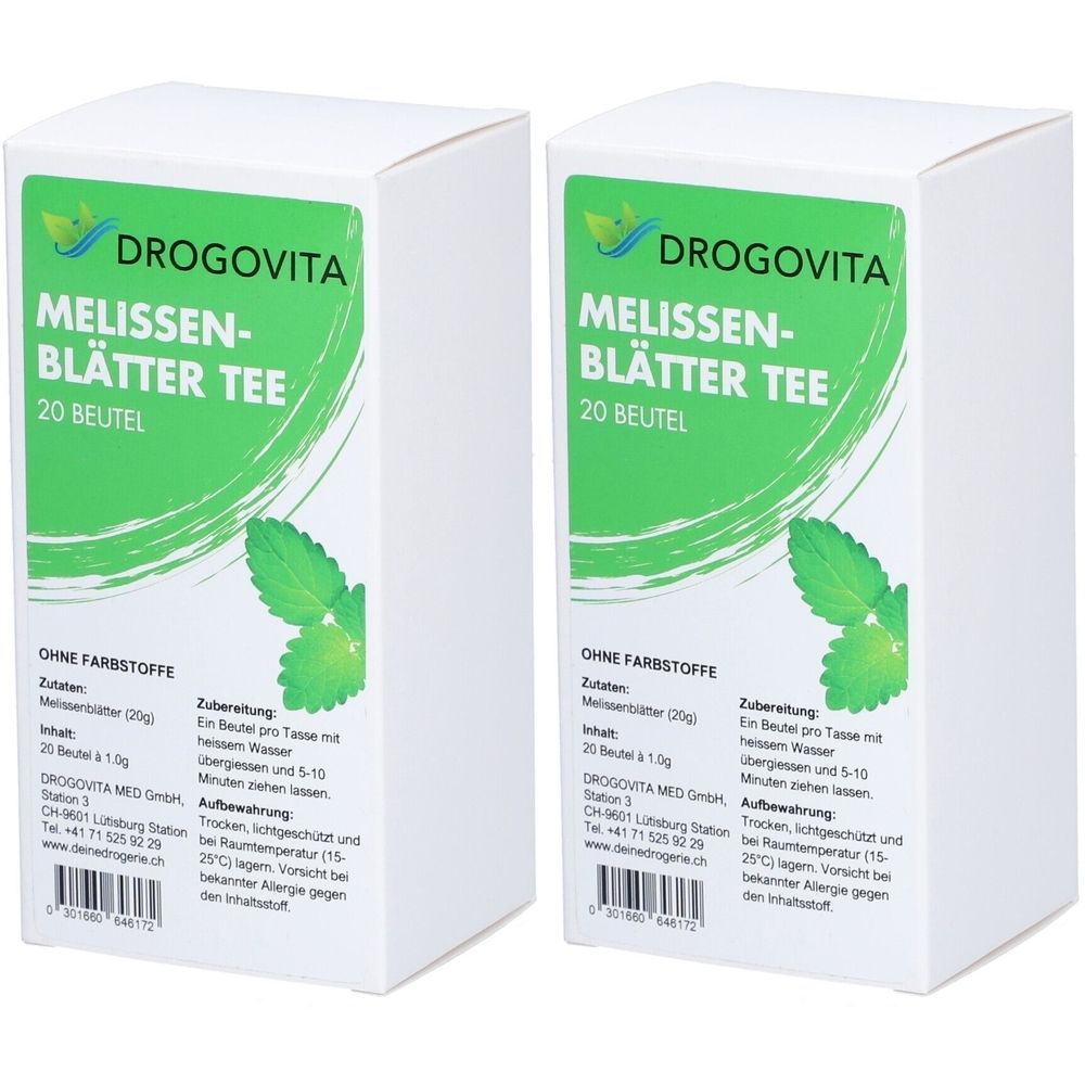 Deux boîtes blanches avec étiquettes vertes. Inscription: DROGOVITA Melissen-Blätter Tee, 20 sachets. Sans colorants.