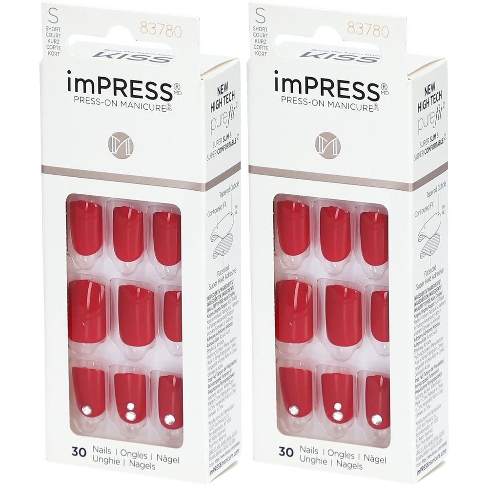 Deux boîtes de faux ongles rouges carrés avec accents blancs. Marque : KISS imPRESS.