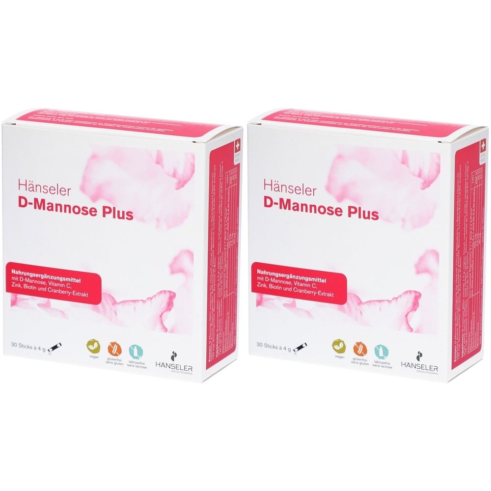Deux boîtes blanches avec l'inscription Hänseler D-Mannose Plus. Accents rouges et logos. Contient un complément alimentaire.