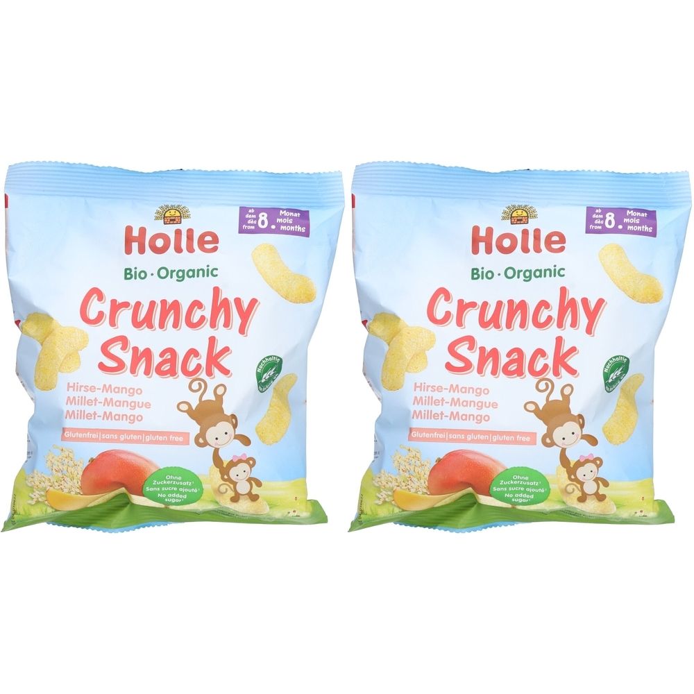 Deux paquets de Holle Bio Crunchy Snack. Inscription: Crunchy Snack, Hirse-Mango. À partir de 8 mois. Illustration: singes, mangue et snacks.