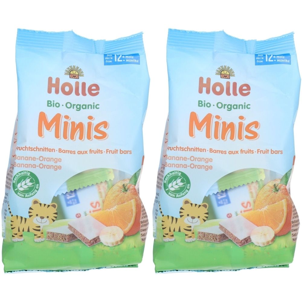 Deux sachets de barres de fruits HOLLE Minis. Inscription : Bio-Organic Minis, Banane-Orange. Avec illustration de fruits et d'un tigre.