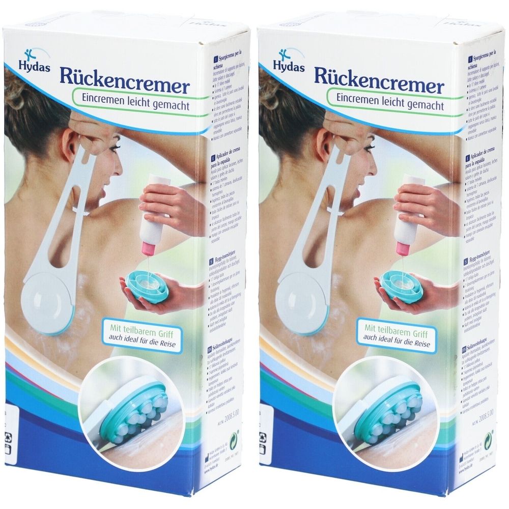 Deux emballages de produit. Impression : Hydas Rückencremer, Eincremen leicht gemacht. Illustré : femme s'appliquant de la crème avec le Rückencremer.