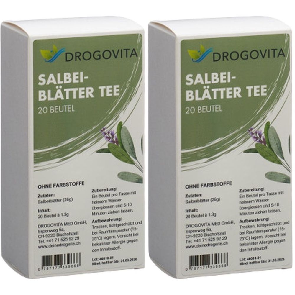 Deux boîtes de thé DROGOVITA Salbei-Blätter. Inscription : 20 sachets. Emballage vert et blanc avec informations.