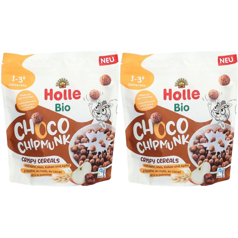 Deux paquets de céréales croustillantes Holle Choco Chipmunk. Inscription : Bio, Choco Chipmunk, Crispy Cereals. Recommandé pour les 1-3 ans.