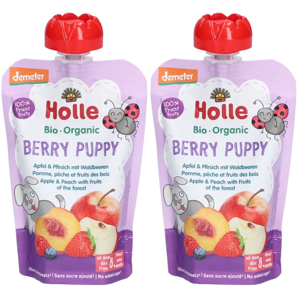Deux gourdes avec bouchon rouge. Inscription: Holle Bio Berry Puppy, pomme, pêche et fruits des bois. Label Demeter.