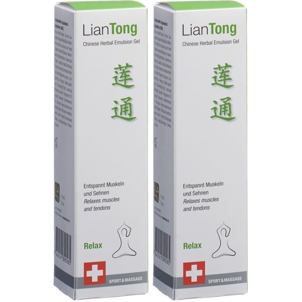 Deux boîtes rectangulaires avec le nom du produit LianTong. Texte en allemand et en anglais. Couleurs vert et blanc. Croix suisse.