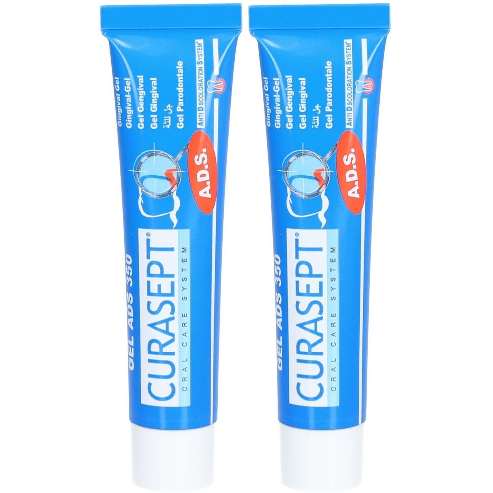 Deux tubes bleus avec bouchon blanc. Inscription CURASEPT ADS 350, Gel Gingival. Logo A.D.S. rouge.
