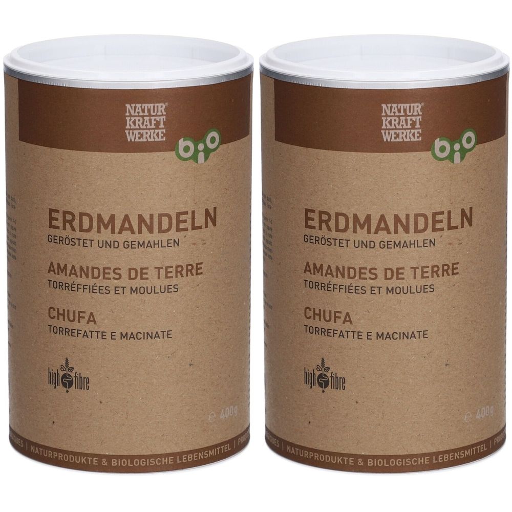 Deux boîtes cylindriques avec couvercles blancs. Inscription : ERDMANDELN, NATUR KRAFT WERKE, label bio. Nom du produit en allemand, français, italien.