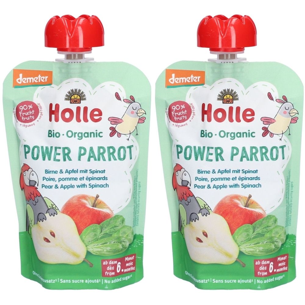 Deux gourdes avec bouchon rouge. Inscription: Holle Bio-Organic Power Parrot. Illustration de poire, pomme et épinards. Label Demeter.