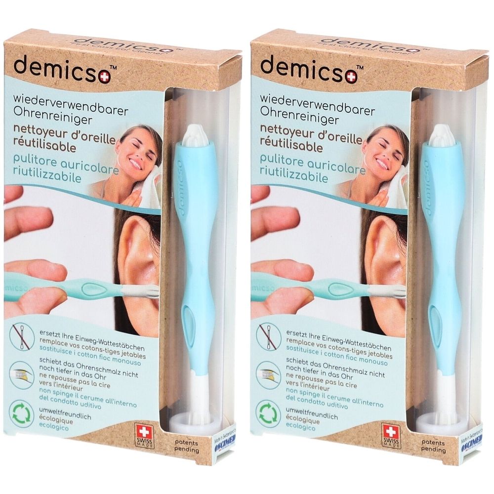 Deux nettoyeurs d'oreille réutilisables dans leur emballage. Tiges bleu clair avec embouts blancs. Marque : demicso.