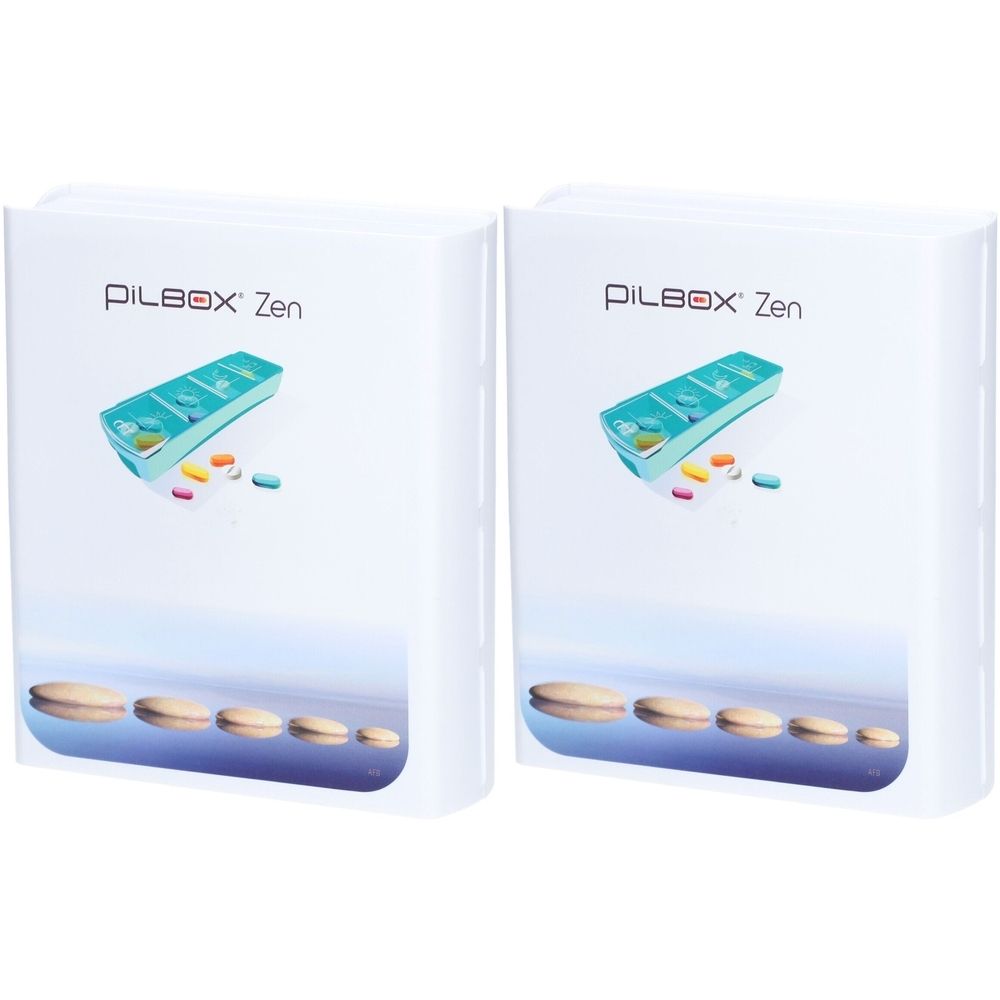 Deux piluliers blancs avec l'inscription "PILBOX Zen". Chaque boîte présente une image d'un pilulier avec des comprimés.