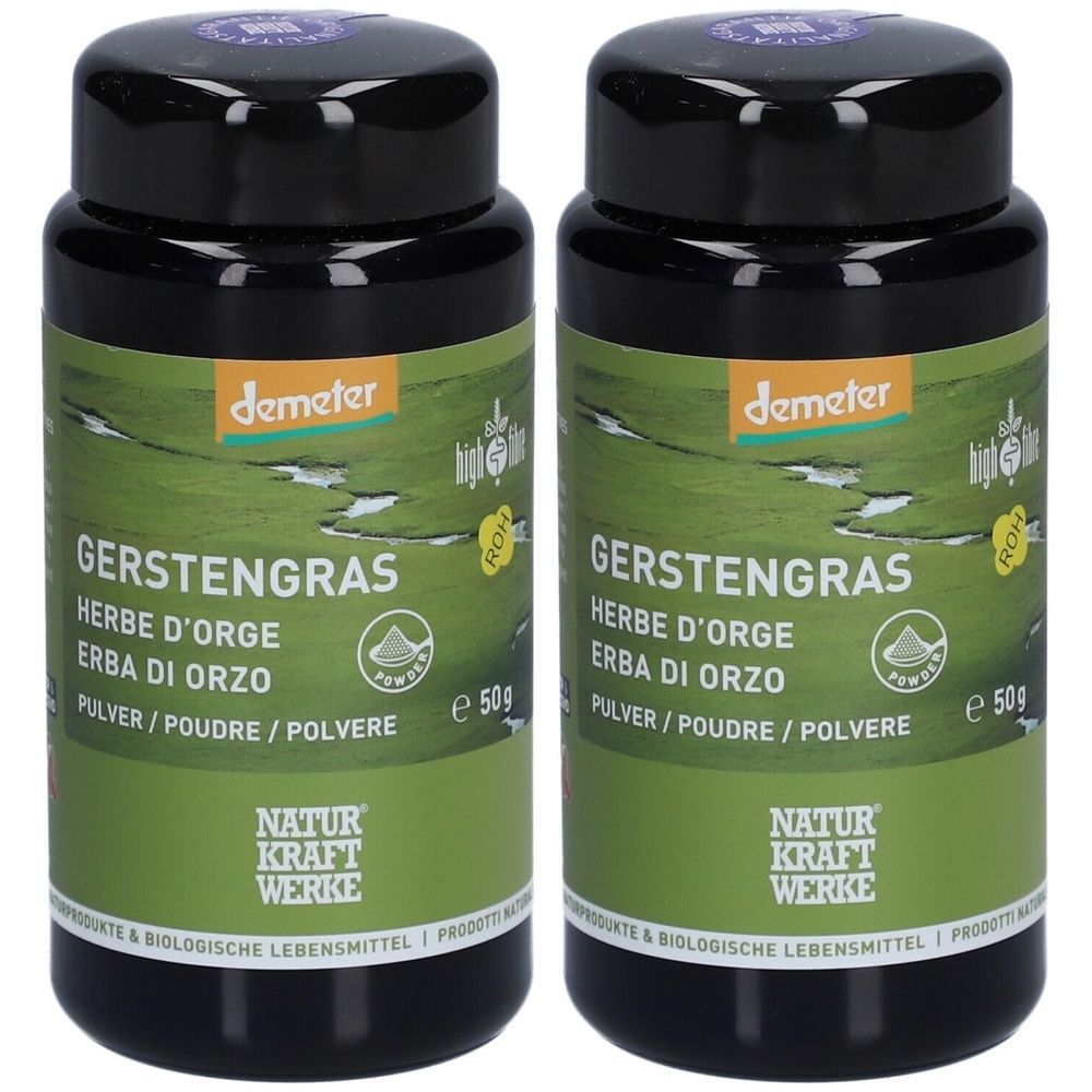 Deux boîtes noires avec étiquette verte. Inscription : Gerstengras, Herbe d'Orge, Erba di Orzo. Marque : Naturkraftwerke. Label Demeter.