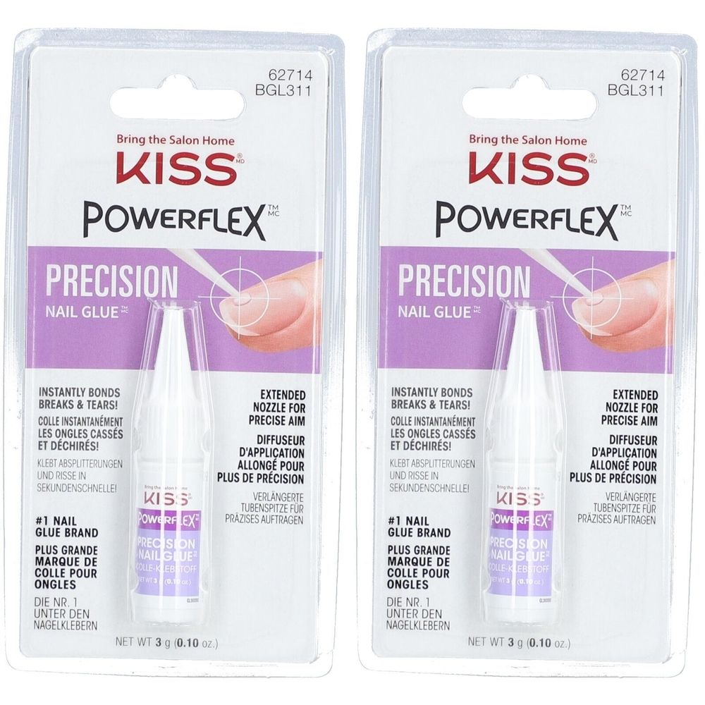 Deux paquets de colle à ongles KISS PowerFlex Precision. Chaque paquet contient un flacon avec applicateur. Inscription : Precision Nail Glue.