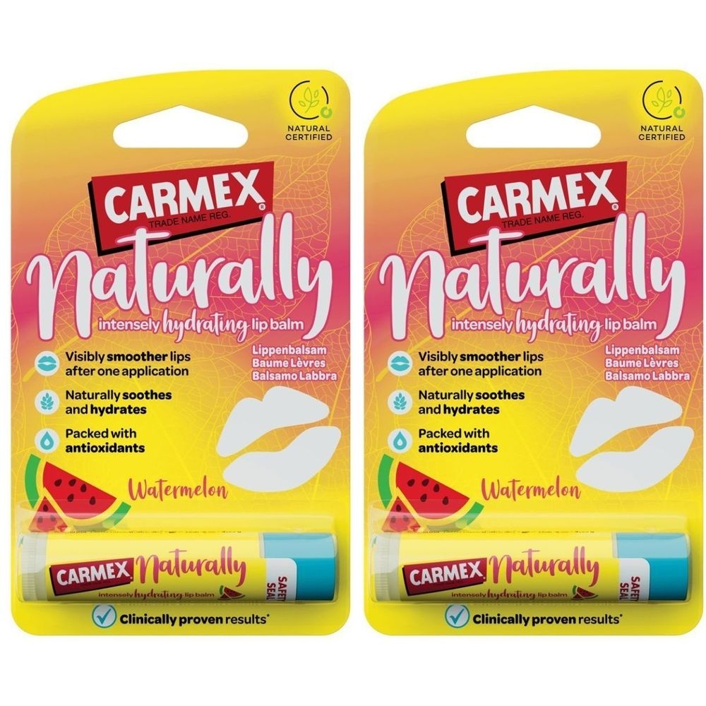 Deux emballages de baume à lèvres CARMEX. Carte jaune avec produit, inscription 'Naturally' et motif pastèque. Bâton de baume à lèvres visible.