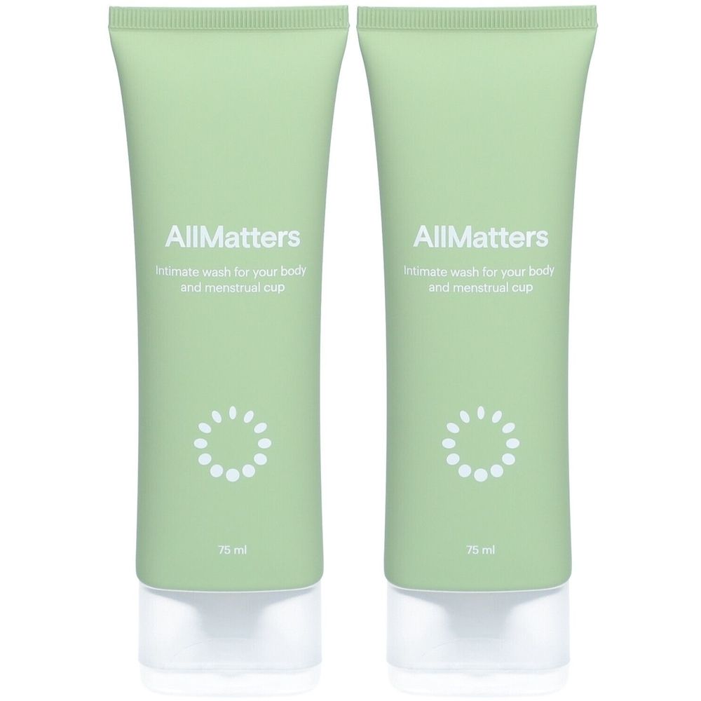 Deux tubes verts avec bouchons blancs. Chaque tube porte l'inscription "AllMatters" et "Intimate wash for your body and menstrual cup".