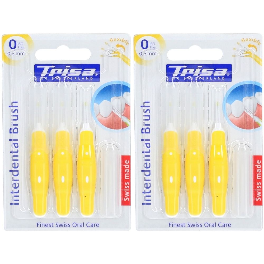 Deux blisters de brosses interdentaires jaunes. Inscription: Trisa, 0,6 mm, Swiss made. Soin buccal suisse de qualité.